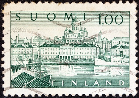 FINLAND - CIRCA 1963: A stamp printed in Finland shows Helsinki Harbour, circa 1963.のeditorial素材