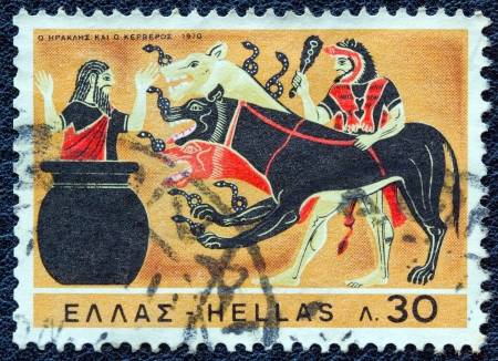 GREECE - CIRCA 1970: A stamp printed in Greece , from the ''Hercules" issue shows Hercules and Cerberus, circa 1970.のeditorial素材