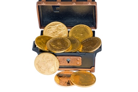 Chest with several gold sovereigns の写真素材