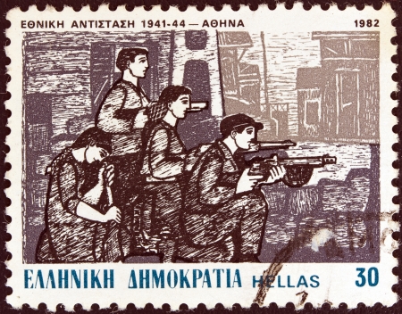 GREECE - CIRCA 1982: A stamp printed in Greece from the "National Resistance, 1941-44" issue shows Kaisariani, Athens (G. Sikeliotis), circa 1982. のeditorial素材