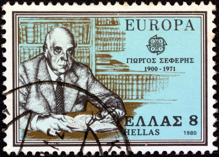 GREECE - CIRCA 1980: A stamp printed in Greece from the "Europa" issue shows Nobel Prize in Literature winner Giorgos Seferis, circa 1980.のeditorial素材