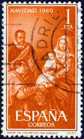SPAIN - CIRCA 1960: A stamp printed in Spain from the "Christmas" issue shows the Nativity (after Diego Velazquez), circa 1960. のeditorial素材