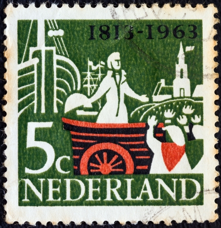 NETHERLANDS - CIRCA 1963: A stamp printed in the Netherlands from the "150th anniversary of Kingdom of the Netherlands" issue shows William, Prince of Orange, landing at Scheveningen, circa 1963. のeditorial素材
