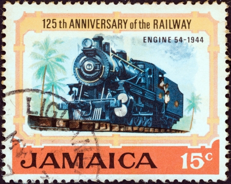 JAMAICA - CIRCA 1970: A stamp printed in Jamaica from the "125th anniversary of Jamaican Railways" issue shows Steam locomotive No. 54 (1944), circa 1970. のeditorial素材