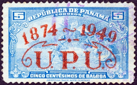 PANAMA - CIRCA 1949: A stamp printed in Panama issued for the 75th anniversary of the UPU shows Vasco Nunez de Balboa taking possession of the Pacific Ocean,circa 1949. のeditorial素材
