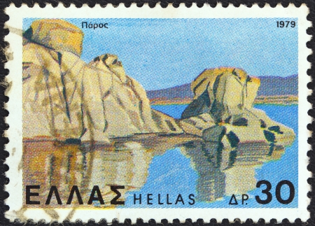 GREECE - CIRCA 1979: A stamp printed in Greece from the "Landscapes" issue shows Paros island, circa 1979. のeditorial素材
