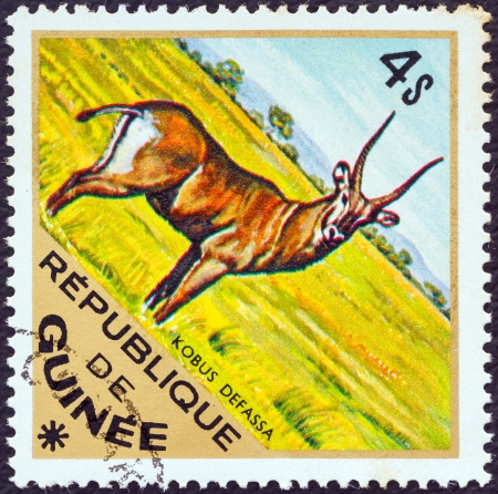 GUINEA - CIRCA 1975: A stamp printed in Guinea from the "Wild Animals" issue shows a Defassa Waterbuck (Kobus defassa), circa 1975. のeditorial素材