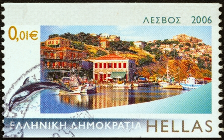 GREECE - CIRCA 2006: A stamp printed in Greece from the "Island views" issue shows Lesvos island, circa 2006. のeditorial素材