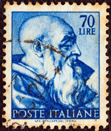 ITALY - CIRCA 1961: A stamp printed in Italy from "Michelangelo" issue shows the head of Prophet Zechariah from Sistine Chapel, circa 1961. のeditorial素材