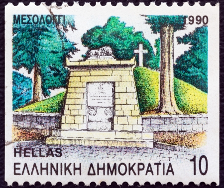 GREECE - CIRCA 1990: A stamp printed in Greece from the "Prefecture Capitals (2nd series)" issue shows Monument to Fallen Heroes, Missolonghi, Aetolia-Acarnania, circa 1990. のeditorial素材