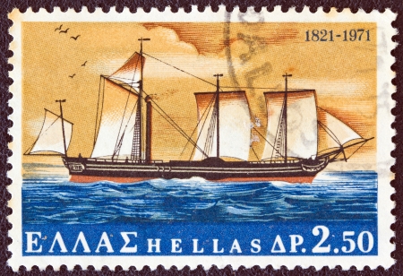GREECE - CIRCA 1971: A stamp printed in Greece from the "150th Anniversary of War of Independence (2nd issue). The War at Sea" shows "Karteria" warship from a painting by Hastings, circa 1971. のeditorial素材