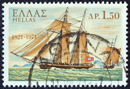 GREECE - CIRCA 1971: A stamp printed in Greece from the "150th Anniversary of War of Independence (2nd issue). The War at Sea" shows "Terpsichore" warship from Hydra island, circa 1971. のeditorial素材