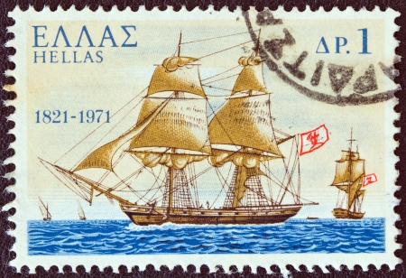 GREECE - CIRCA 1971: A stamp printed in Greece from the "150th Anniversary of War of Independence (2nd issue). The War at Sea" shows "Pericles" warship from Spetsai island, circa 1971. のeditorial素材