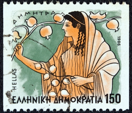 GREECE - CIRCA 1986: A stamp printed in Greece from the "Gods of Olympus" issue shows goddess Demeter, circa 1986. のeditorial素材