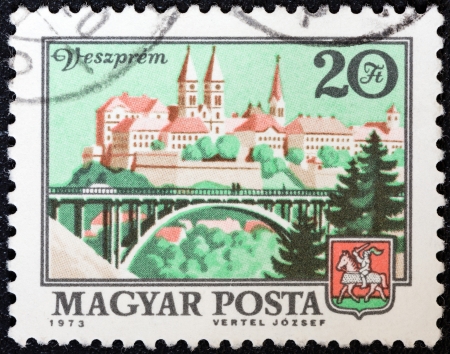 HUNGARY - CIRCA 1972: A stamp printed in Hungary shows Veszprem, circa 1972. のeditorial素材