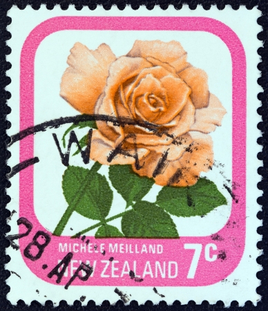 NEW ZEALAND - CIRCA 1975: A stamp printed in New Zealand from the "Garden Roses" issue shows Michele Meilland, circa 1975. のeditorial素材