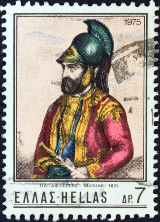 GREECE - CIRCA 1975: A stamp printed in Greece from the "150th death anniversary of Grigorios Dikeos Papaflessas" issue shows Papaflessas in uniform, circa 1975. のeditorial素材