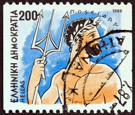 GREECE - CIRCA 1986: A stamp printed in Greece from the \"Gods of Olympus\" issue shows god Poseidon, circa 1986. のeditorial素材