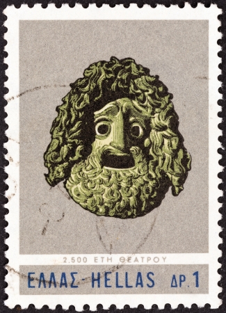 GREECE - CIRCA 1966: A stamp printed in Greece from the \"2,500th anniversary of Greek Theatre\" issue shows Tragedian\'s Mask of 4th Century BC, circa 1966. のeditorial素材
