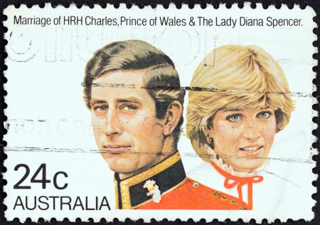 AUSTRALIA - CIRCA 1981: A stamp printed in Australia from the "Royal Wedding" issue shows Prince Charles and Lady Diana Spencer, circa 1981. のeditorial素材