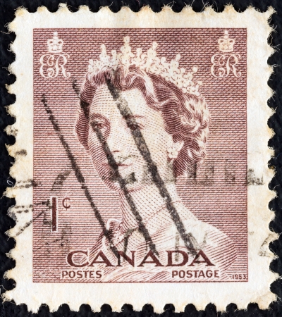 CANADA - CIRCA 1953  A stamp printed in Canada shows Queen Elizabeth II, circa 1953  のeditorial素材