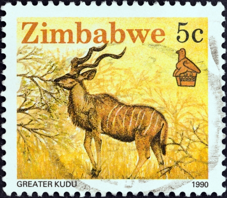 ZIMBABWE - CIRCA 1990  A stamp printed in Zimbabwe from the  Wildlife  issue shows Greater kudu, circa 1990  のeditorial素材
