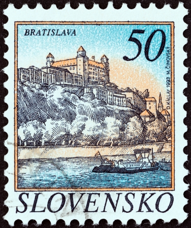 SLOVAKIA - CIRCA 1993  A stamp printed in Slovakia shows Bratislava, circa 1993 のeditorial素材