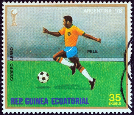 EQUATORIAL GUINEA - CIRCA 1977  A stamp printed in Equatorial Guinea from the   Football World Cup, Argentina 1978  issue shows Pele, circa 1977  のeditorial素材