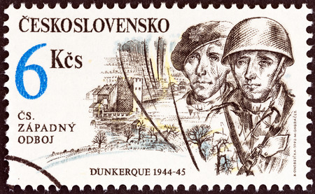 CZECHOSLOVAKIA - CIRCA 1992  A stamp printed in Czechoslovakia from the  Free Czechoslovak Forces in World War II   issue shows soldiers  Dunkirk, 1944-45 , circa 1992  のeditorial素材
