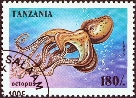 TANZANIA - CIRCA 1995  A stamp printed in Tanzania from the  Marine Life of Coral Reefs  issue shows an octopus, circa 1995  のeditorial素材