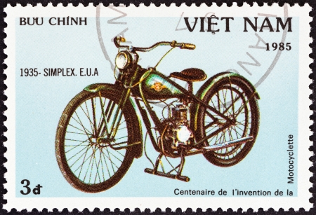 VIETNAM - CIRCA 1985  A stamp printed in North Vietnam from the  Centenary of Motorcycle   issue shows a Simplex, U S A , 1935, circa 1985 のeditorial素材