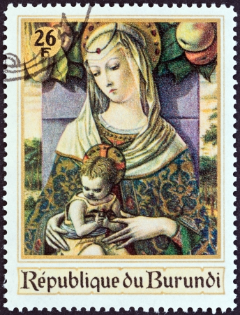 BURUNDI - CIRCA 1967  A stamp printed in Burundi from the  Christmas  Religious Paintings   issue shows Madonna and Child  Carlo Crivelli , circa 1967 のeditorial素材