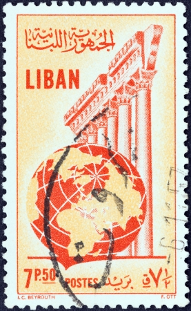 LEBANON - CIRCA 1955  A stamp printed in Lebanon shows Temple of Jupiter, Baalbek and globe, circa 1955  のeditorial素材