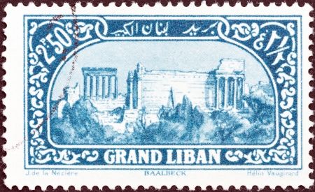 LEBANON - CIRCA 1925  A stamp printed in Lebanon shows Roman ruins, Baalbek, circa 1925  のeditorial素材