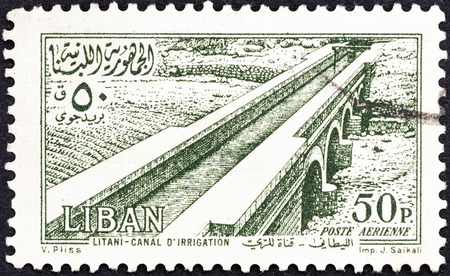 LEBANON - CIRCA 1954  A stamp printed in Lebanon shows Litani Irrigation Canal, circa 1954  のeditorial素材