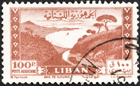 LEBANON - CIRCA 1947  A stamp printed in Lebanon shows Jounieh Bay, circa 1947 のeditorial素材