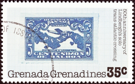 GRENADINES OF GRENADA - CIRCA 1978  A stamp printed in Grenada from the  50th anniversary of Lindbergh solo trans-Atlantic crossing  issue shows Panamanian stamp, 1928, circa 1978  のeditorial素材