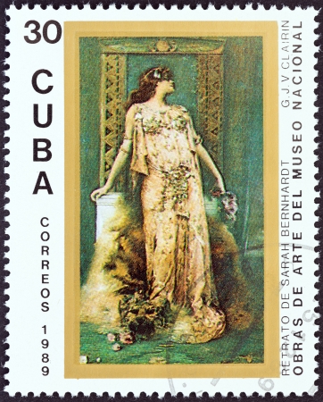 CUBA - CIRCA 1989  A stamp printed in Cuba from the  The National Museum - Paintings   issue shows portrait of Sarah Bernhardt  Georges Jules Victor Clairin , circa 1989  のeditorial素材