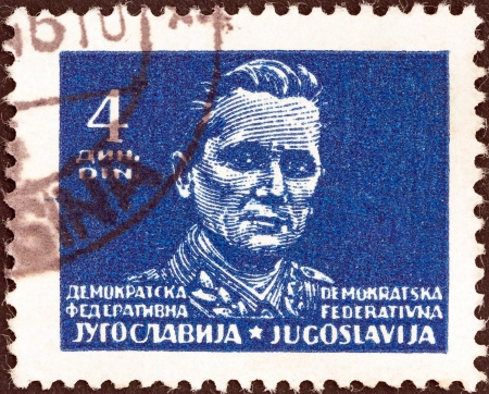 YUGOSLAVIA - CIRCA 1945  A stamp printed in Yugoslavia shows Marshal Tito, circa 1945  のeditorial素材