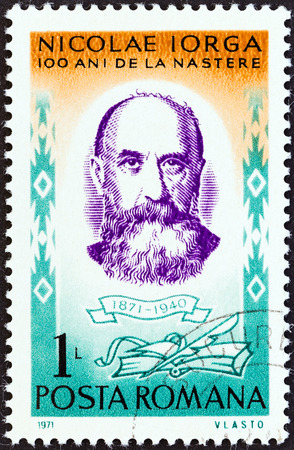 ROMANIA - CIRCA 1971  A stamp printed in Romania from the  Famous Romanians   issue shows Nicolae Iorga  historian, birth centenary , circa 1971  のeditorial素材
