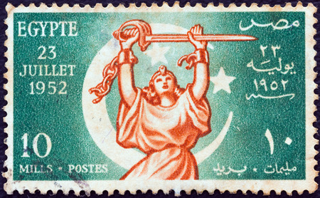 EGYPT - CIRCA 1952  A stamp printed in Egypt from the  Revolution of 23rd July 1952  issue shows Allegory of Egyptian freedom, circa 1952  のeditorial素材