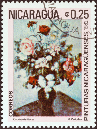 NICARAGUA - CIRCA 1982  A stamp printed in Nicaragua from the  Paintings   issue shows Vase of Flowers  Rodrigo Penalba , circa 1982  のeditorial素材