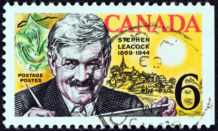 CANADA - CIRCA 1969  A stamp printed in Canada issued for the birth centenary of humorist Stephen Butler Leacock shows Stephen Butler Leacock, Mask and Mariposa, circa 1969 のeditorial素材