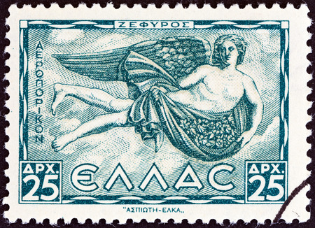 GREECE - CIRCA 1943  A stamp printed in Greece from the  Airmail - Greek Mythology  Winds   issue shows Zephyr  West wind , circa 1943  のeditorial素材