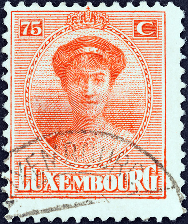 LUXEMBOURG - CIRCA 1921  A stamp printed in Luxembourg shows Grand Duchess Charlotte, circa 1921  のeditorial素材
