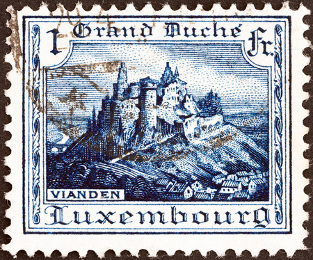 LUXEMBOURG - CIRCA 1921  A stamp printed in Luxembourg shows Vianden Castle, circa 1921  のeditorial素材