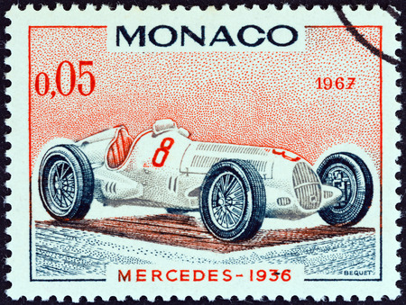 MONACO - CIRCA 1967  A stamp printed in Monaco from the  25th Grand Prix, Monaco  issue shows Mercedes Grand Prix racing car of 1936, winner of Monaco Grand Prix, circa 1967 のeditorial素材