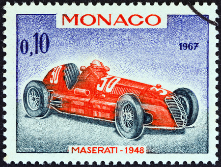 MONACO - CIRCA 1967  A stamp printed in Monaco from the  25th Grand Prix, Monaco  issue shows Maserati Grand Prix racing car of 1948, winner of Monaco Grand Prix, circa 1967  のeditorial素材
