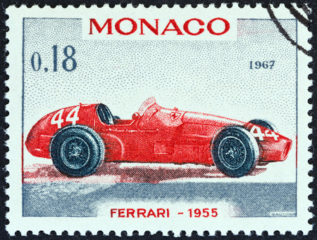 MONACO - CIRCA 1967  A stamp printed in Monaco from the  25th Grand Prix, Monaco  issue shows Ferrari Grand Prix racing car of 1955, winner of Monaco Grand Prix, circa 1967  のeditorial素材