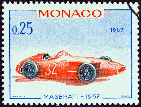 MONACO - CIRCA 1967  A stamp printed in Monaco from the  25th Grand Prix, Monaco  issue shows Maserati Grand Prix racing car of 1957, winner of Monaco Grand Prix, circa 1967  のeditorial素材